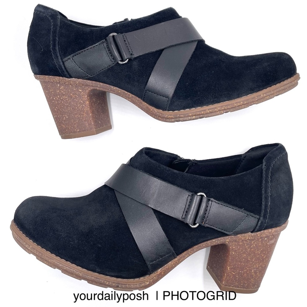 Clarks black suede Sashlin Fiona block heel ankle booties US women’s size 10